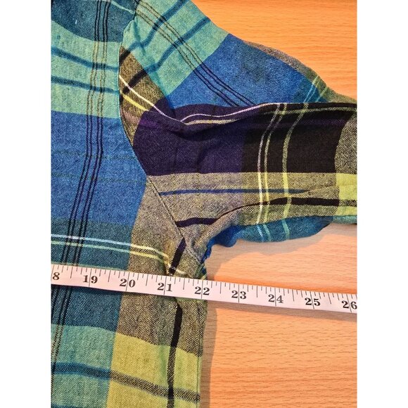 Chicos Design Womens sz 3 multicolored plaid linen button long sleeve side slits - Picture 4 of 9